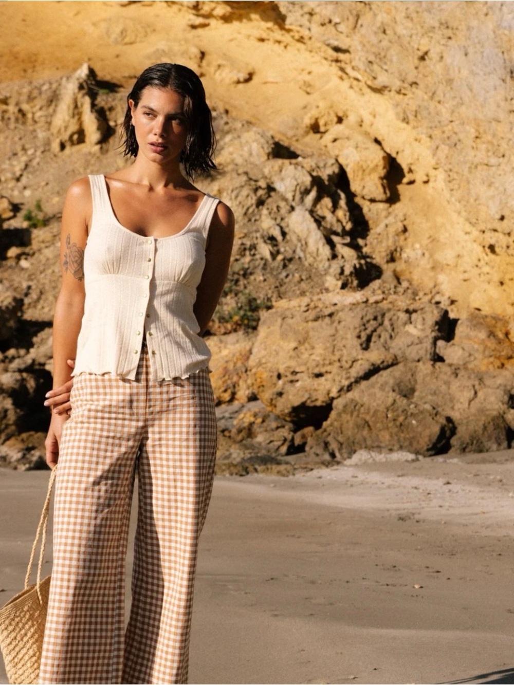 YSE Paris Cream Organic Cotton Button Front Knit Tank Top XS | French